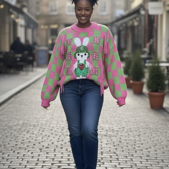 NWOT Pink and Green Checkered Sweater with Bunny Design - Picture 12 of 12